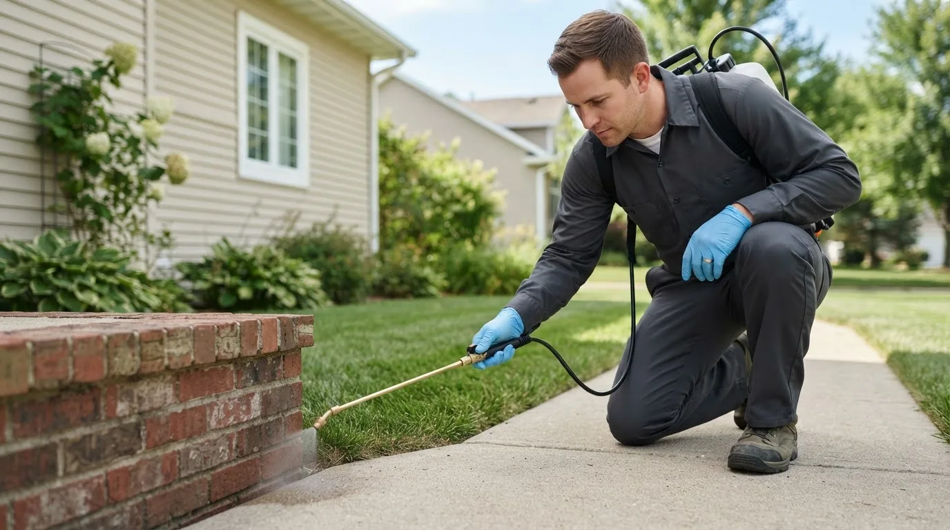 Pest control technician treating a home near Adamsburg, PA
